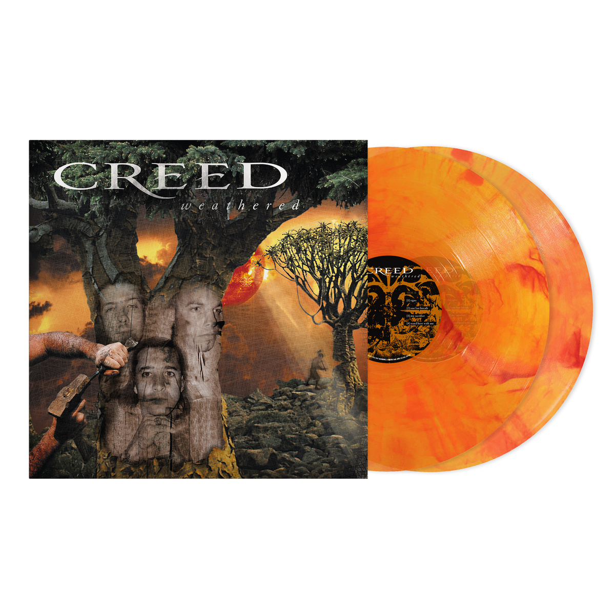Creed - Weathered vinyl record album with the illustrated cover on the left and the translucent orange record