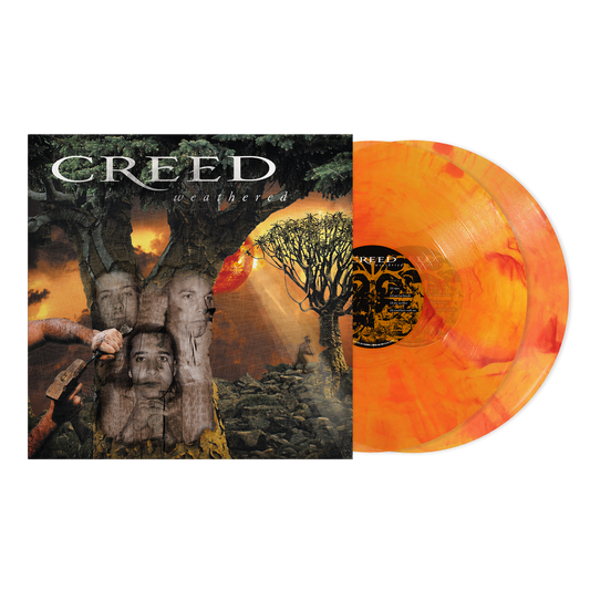 Creed - Weathered vinyl record album with the illustrated cover on the left and the translucent orange record